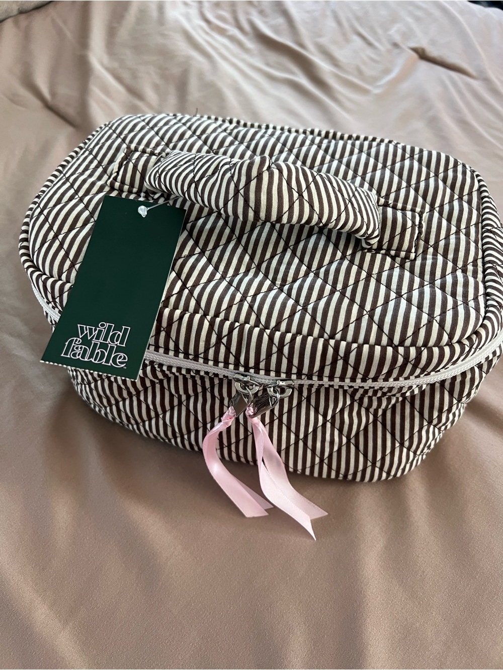 wild fable Brown & Cream Quilted Stripe Cosmetic Case with Pink Ribbon Zips